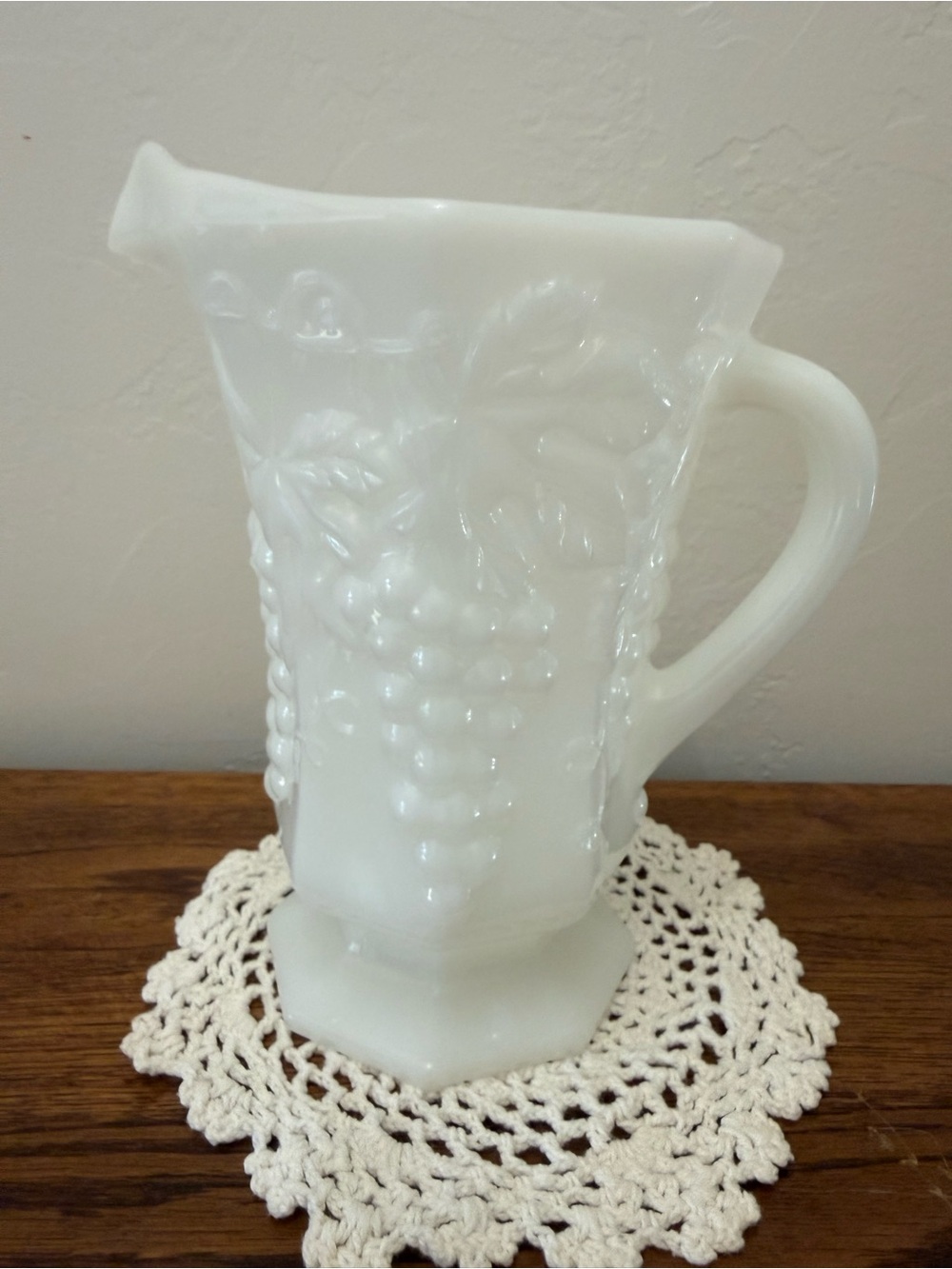 Vintage-Inspired White Milk Glass Pitcher – Grape Pattern